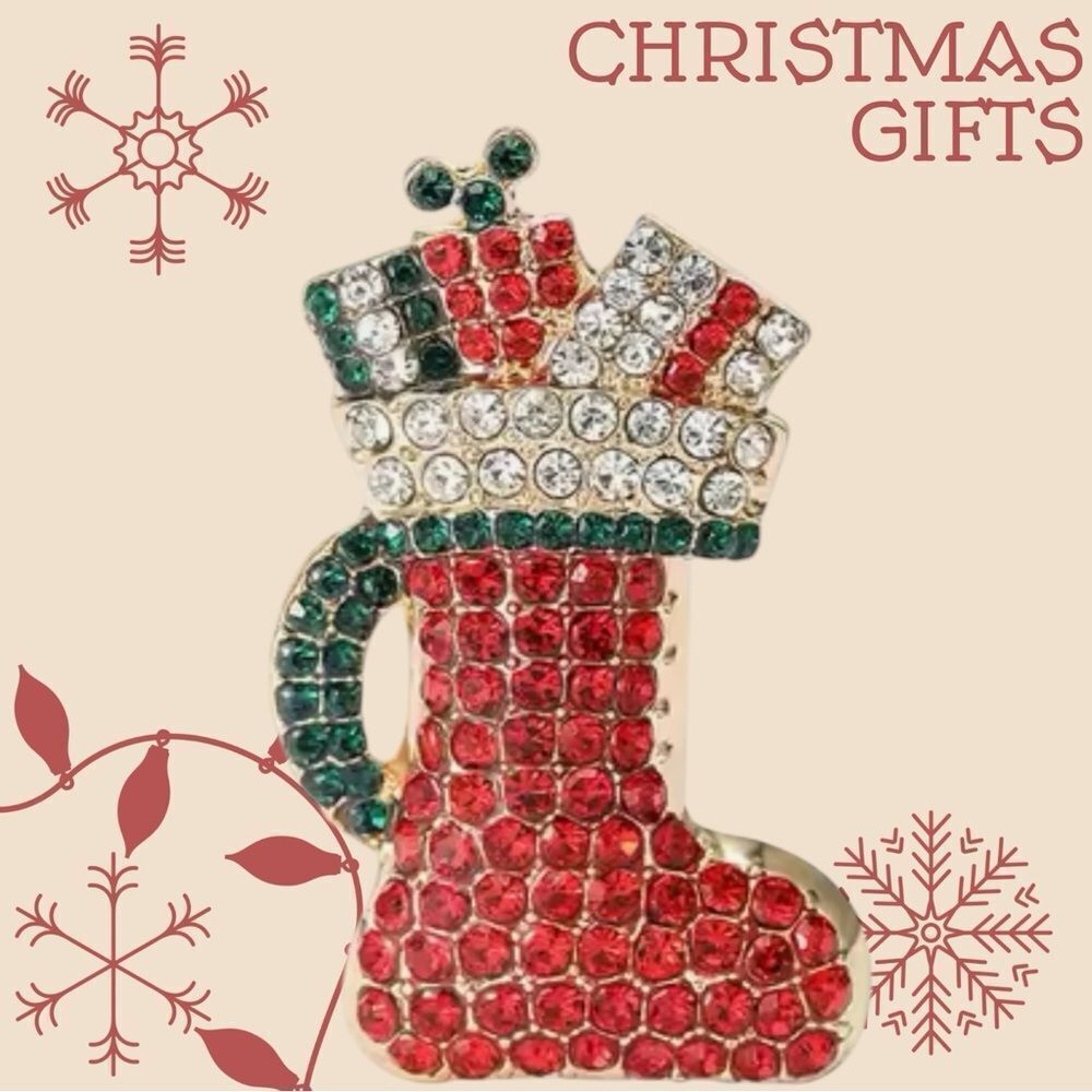 RHINESTONE CHRISTMAS STOCKING BROOCH